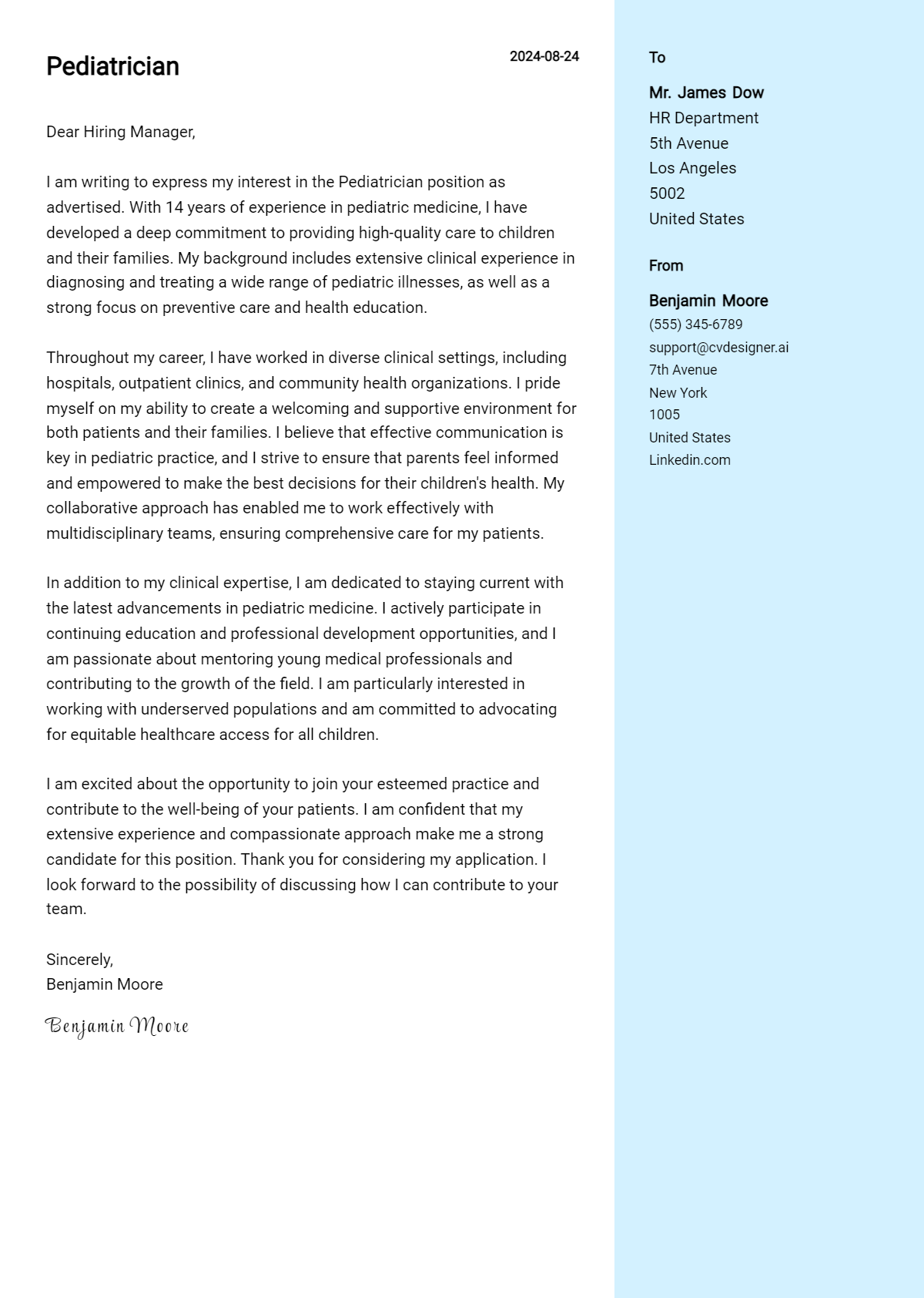 pediatrician cover letter example