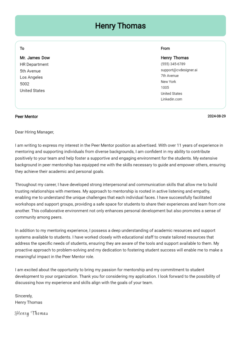 Peer Mentor Cover Letter Example for 2025: Expert Tips & Templates 1 Peer Mentor Cover Letter Example for 2025: Expert Tips & Templates