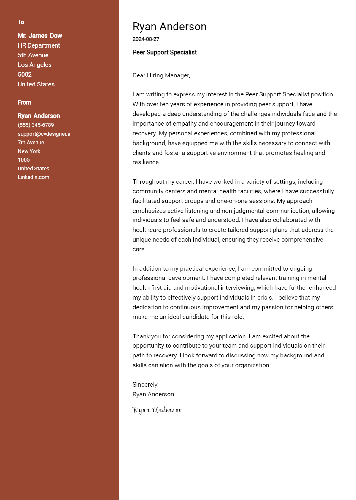 peer support specialist cover letter example