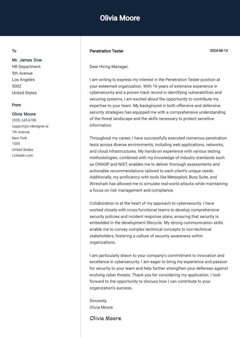 Penetration Tester Cover Letter Examples and Templates for 2025