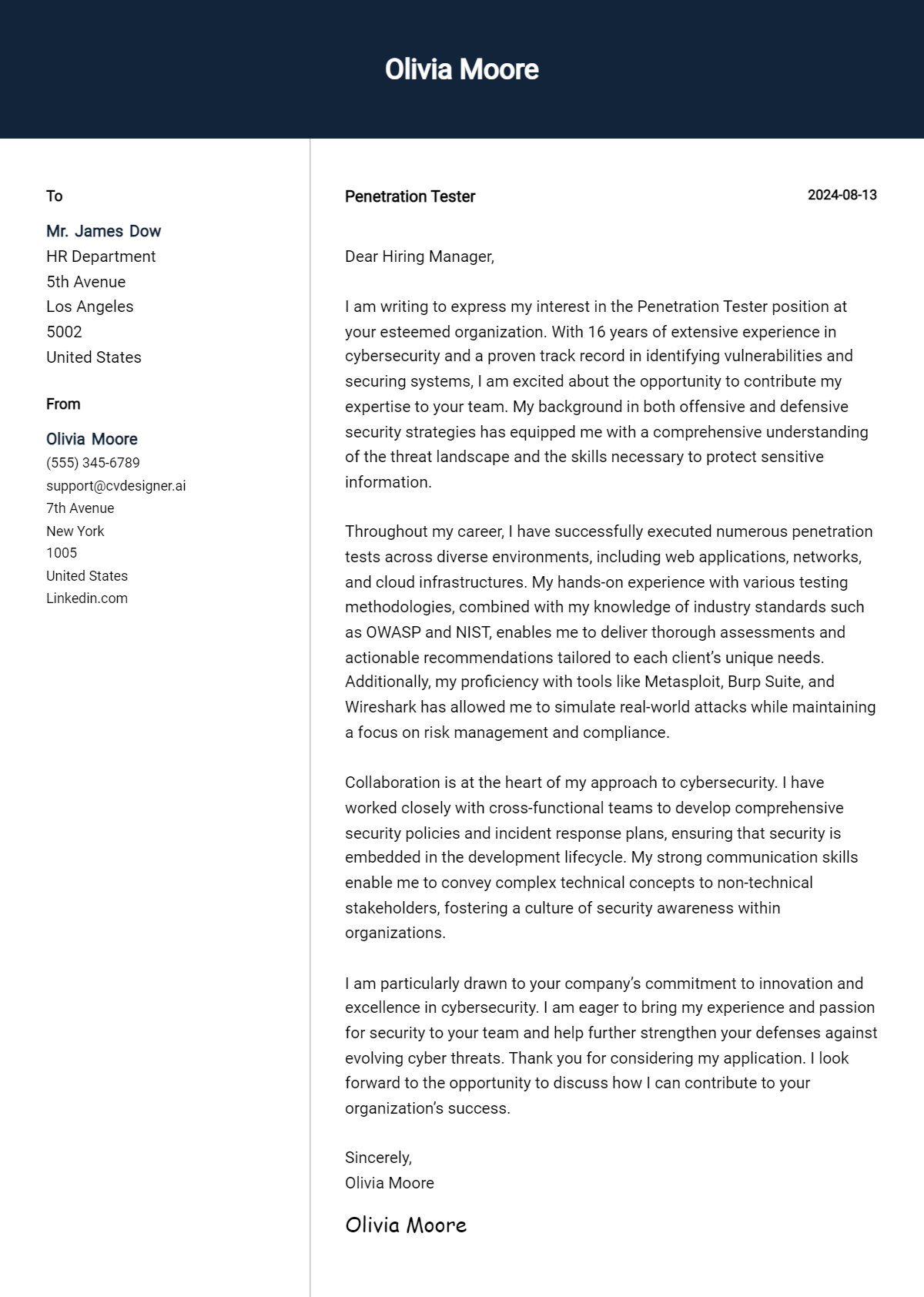 penetration tester cover letter example