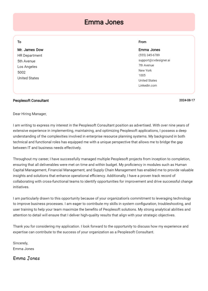 peoplesoft consultant cover letter example