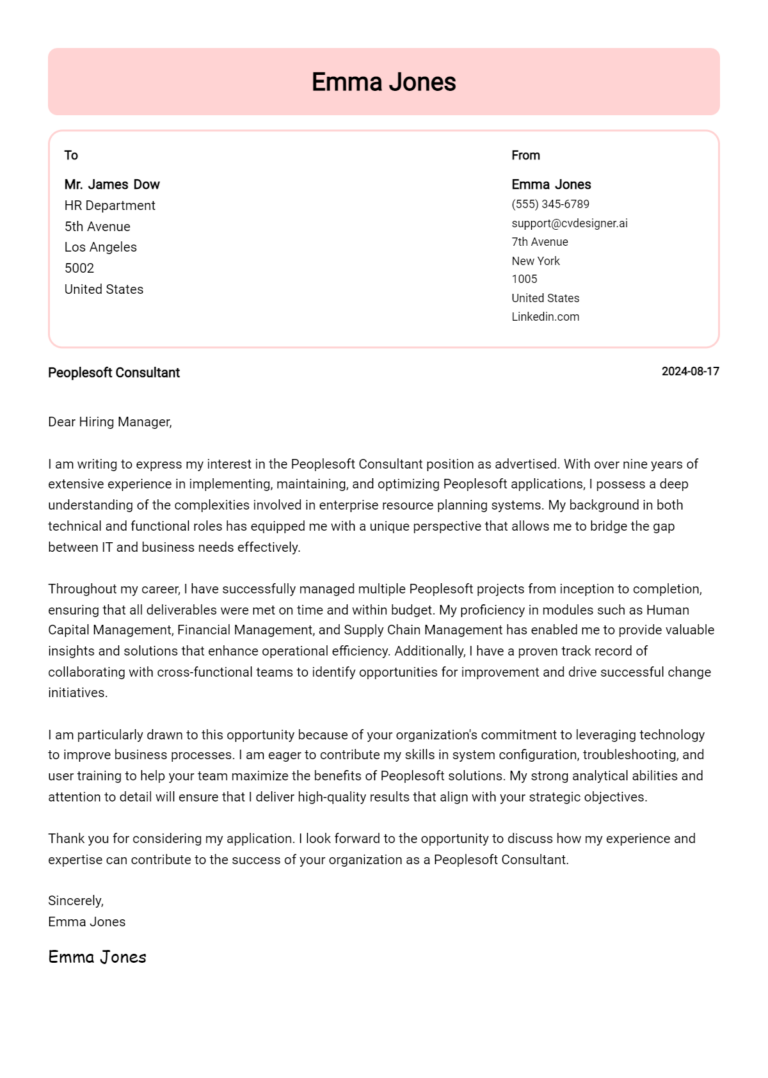 Peoplesoft Consultant Cover Letter Example for 2025 (Free Templates) 1 Peoplesoft Consultant Cover Letter Example for 2025 (Free Templates)