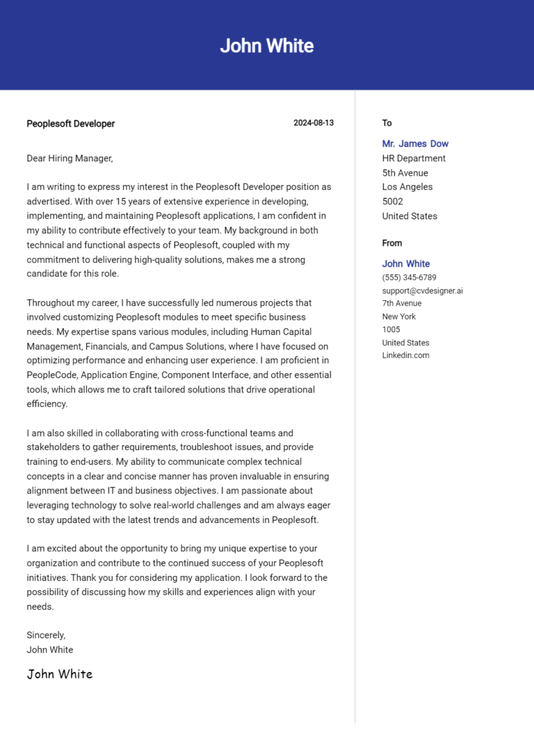 Peoplesoft Developer Cover Letter Example for 2025: Free Templates