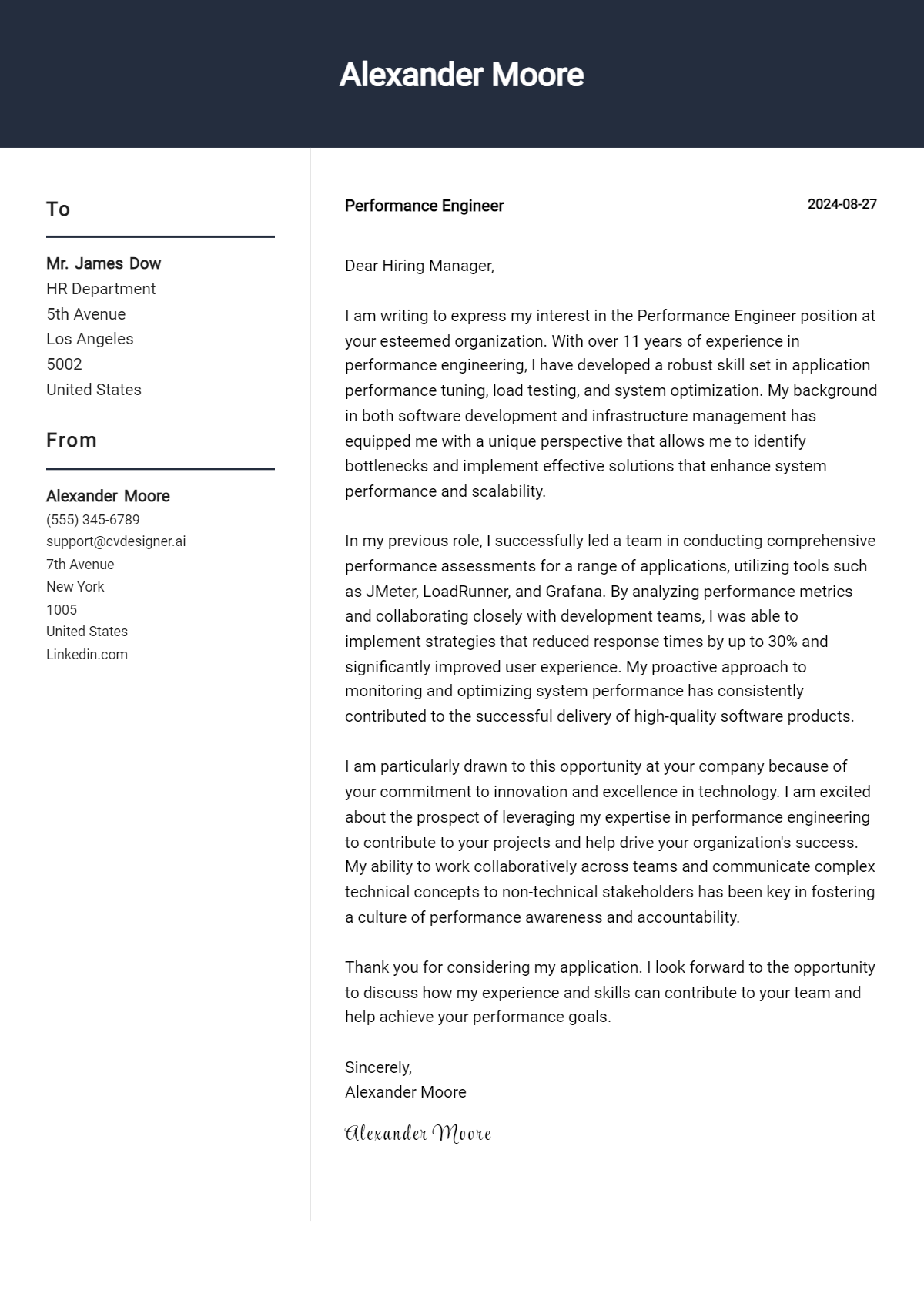 performance engineer cover letter example