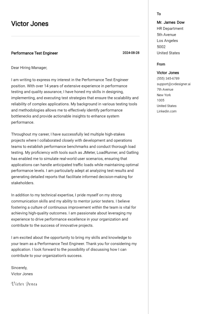 performance test engineer cover letter example