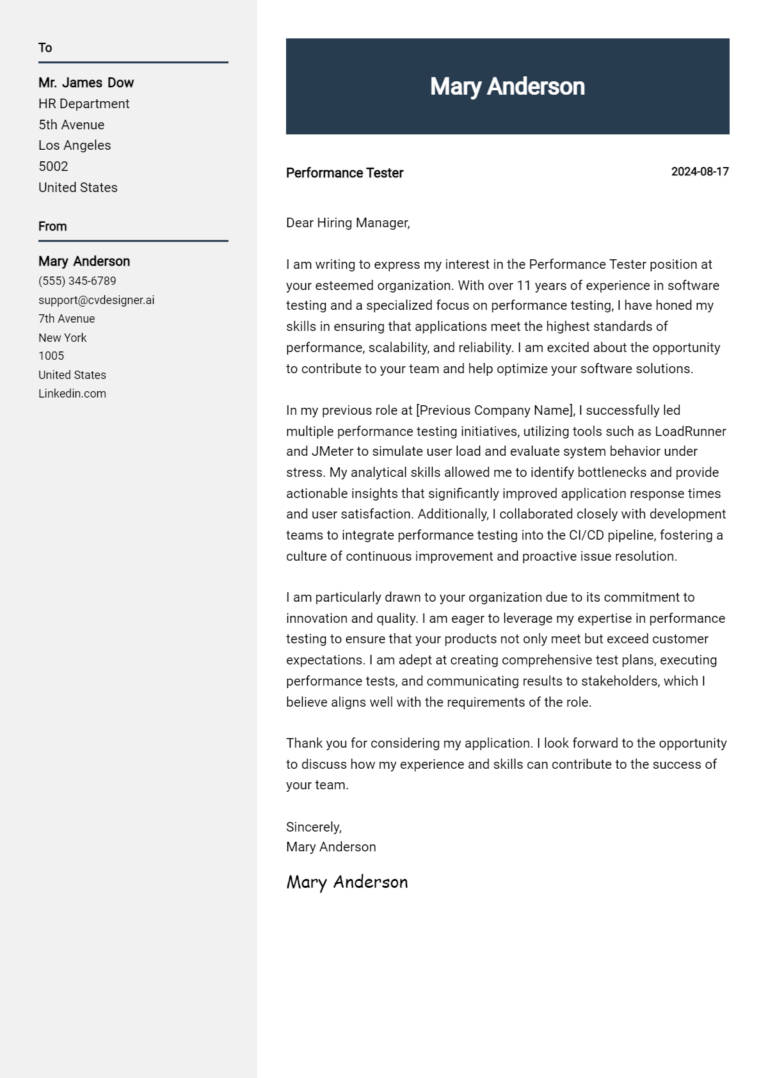 13 Performance Tester Cover Letter Examples for 2025 (Free Templates)