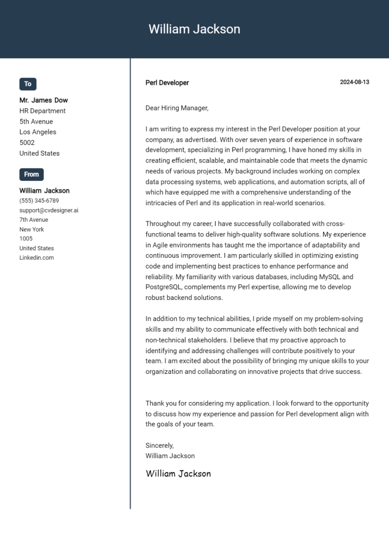 Perl Developer Cover Letter Example for 2025 (Download Templates) 1 Perl Developer Cover Letter Example for 2025 (Download Templates)