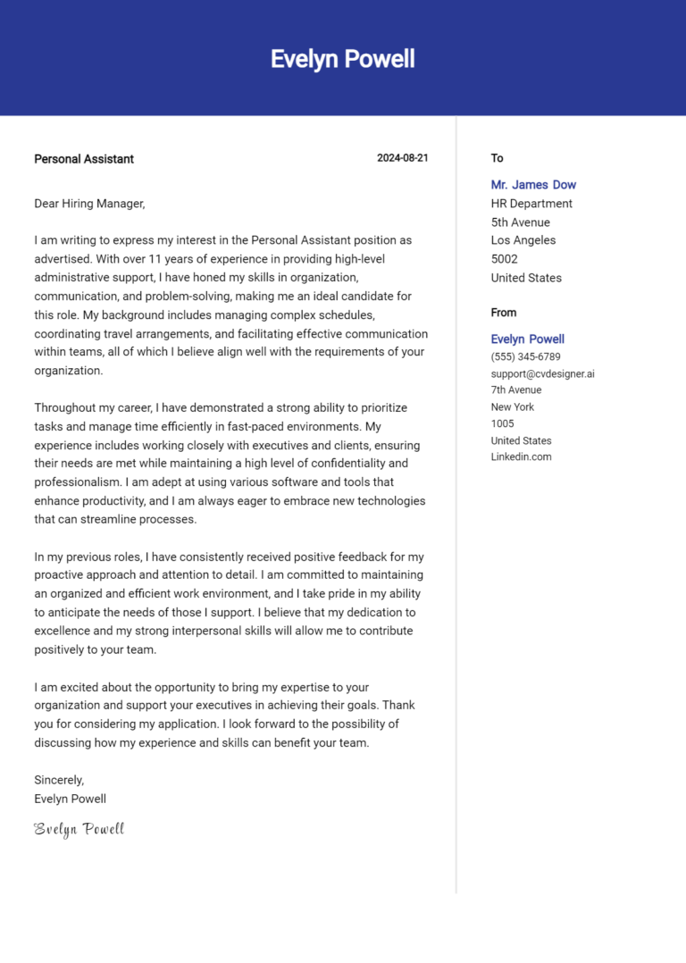 Personal Assistant Cover Letter Examples & Samples for 2025