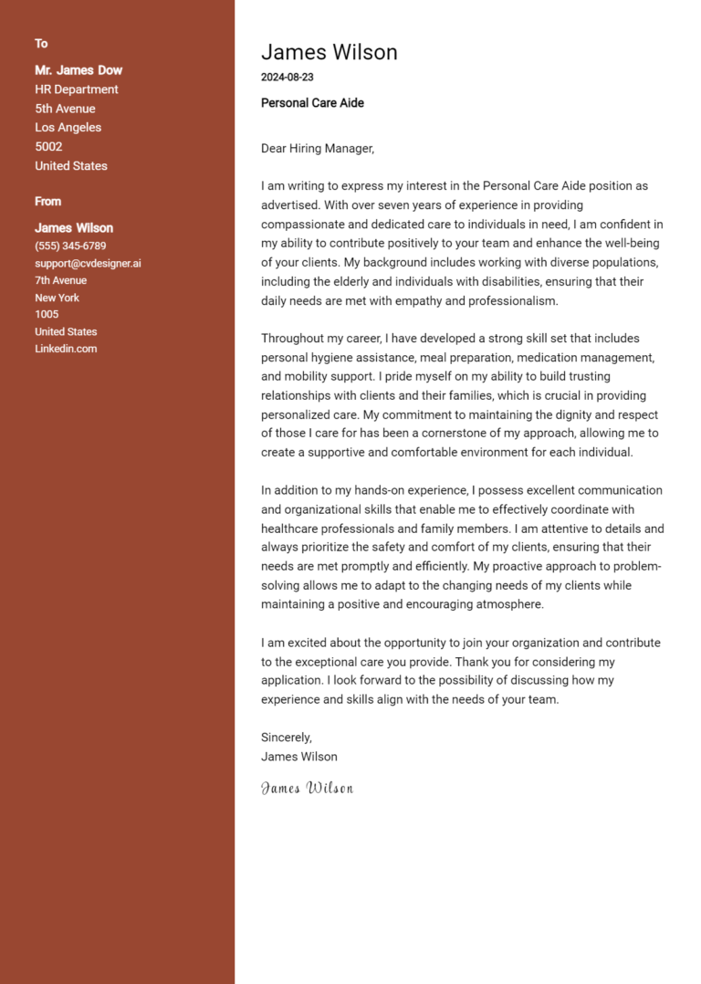 Personal Care Aide Cover Letter Example for 2025: Ultimate Guide