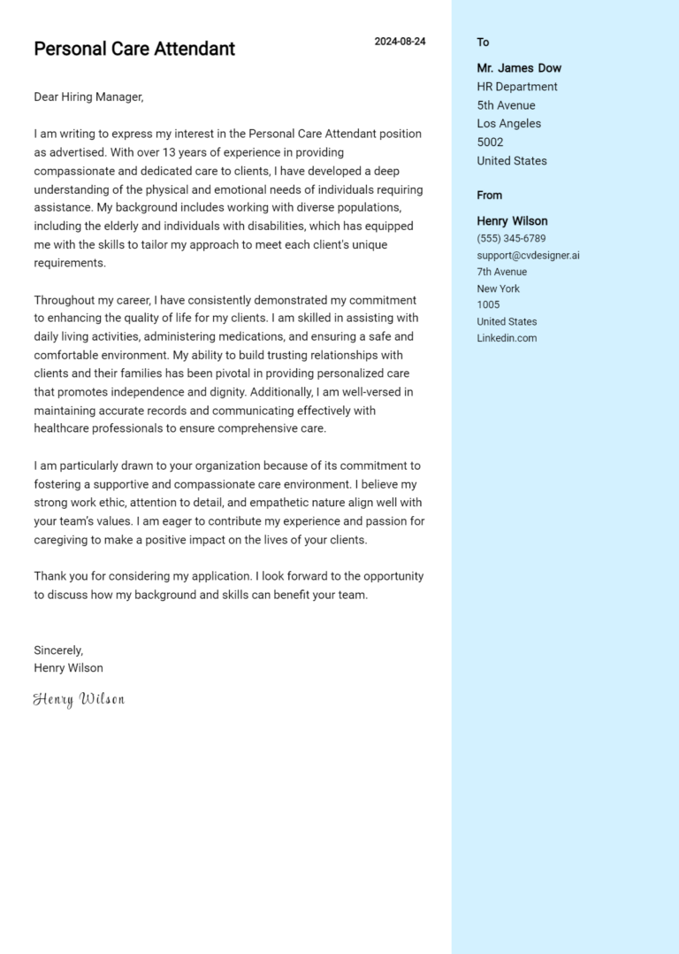 Personal Care Attendant Cover Letter Example for 2025: Free Templates