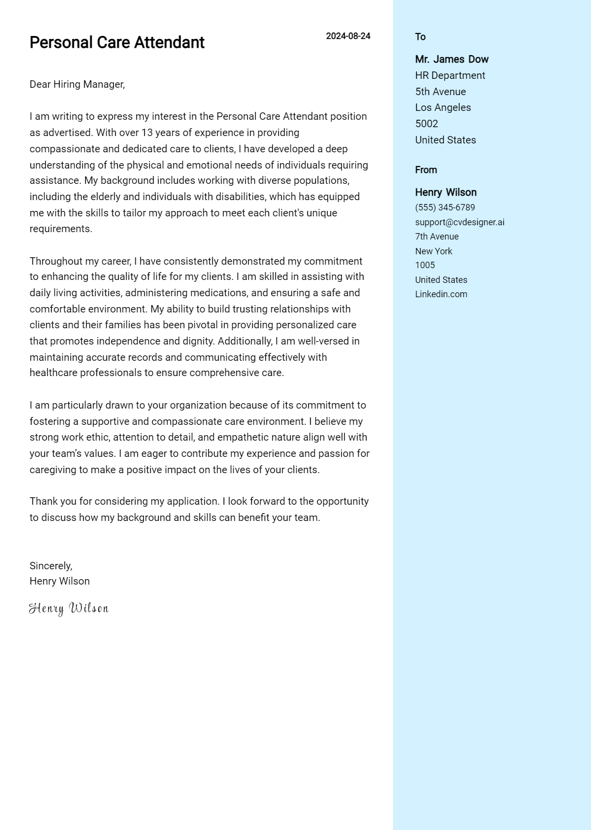 personal care attendant cover letter example