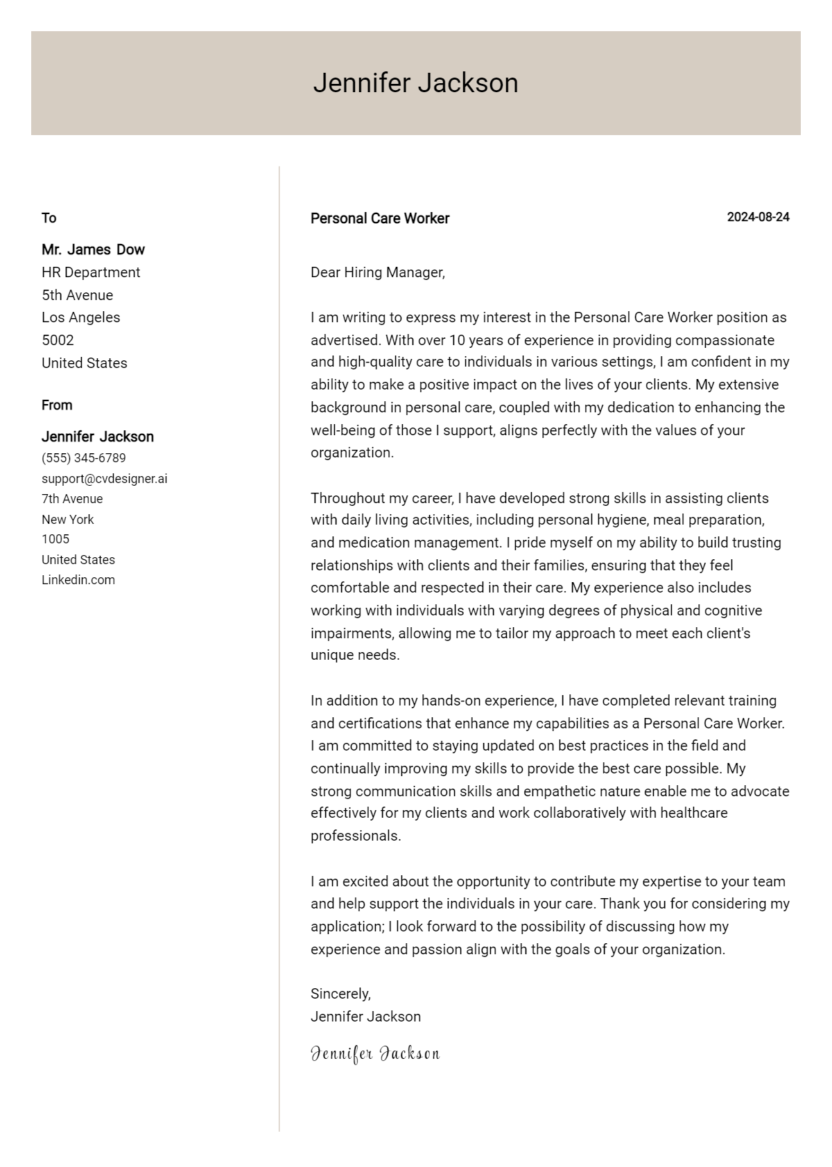 personal care worker cover letter example