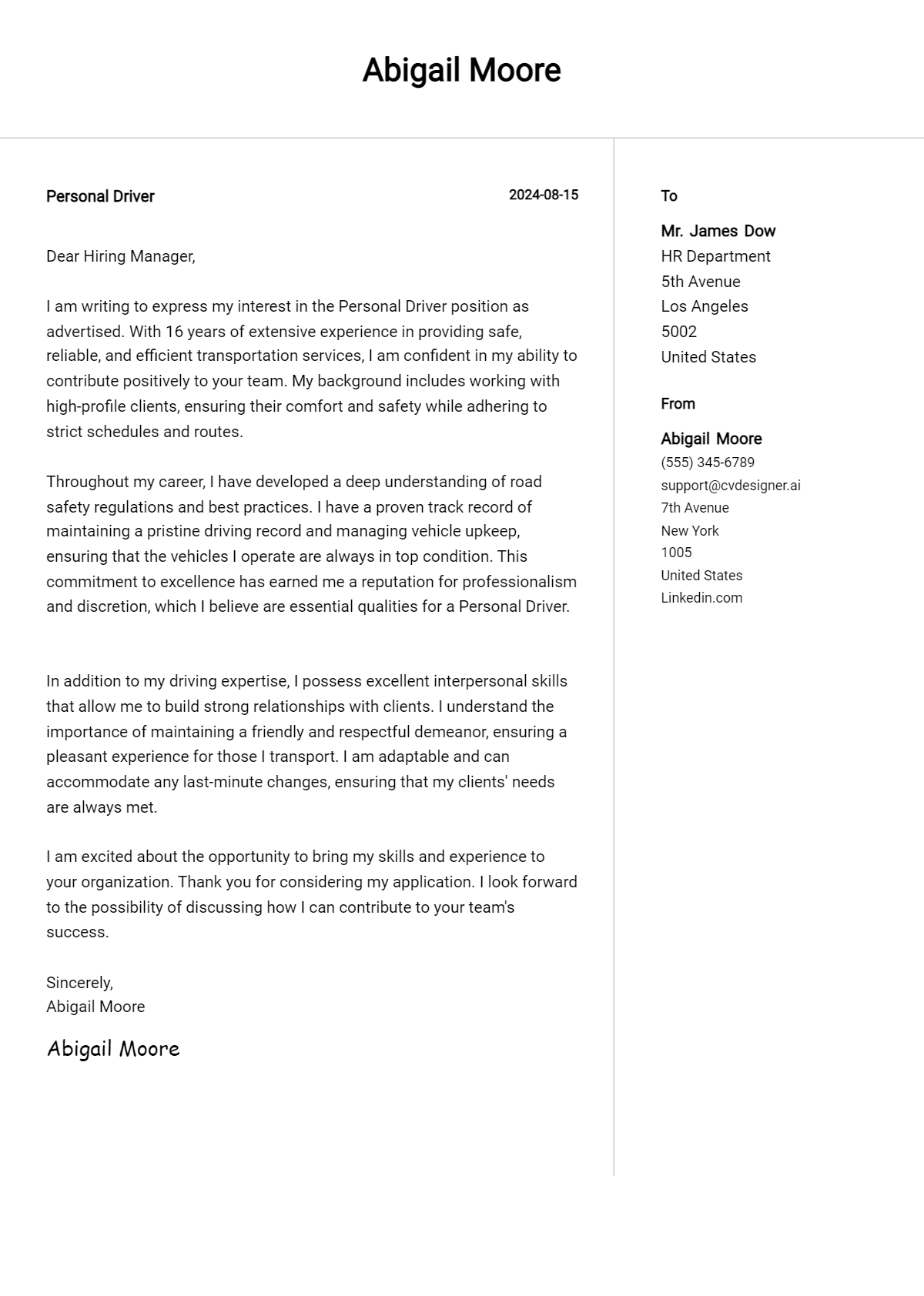 personal driver cover letter example