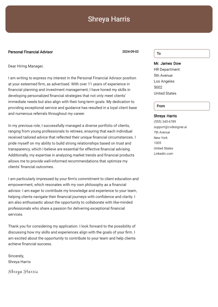 Personal Financial Advisor Cover Letter Example for 2025: Expert Tips & Templates