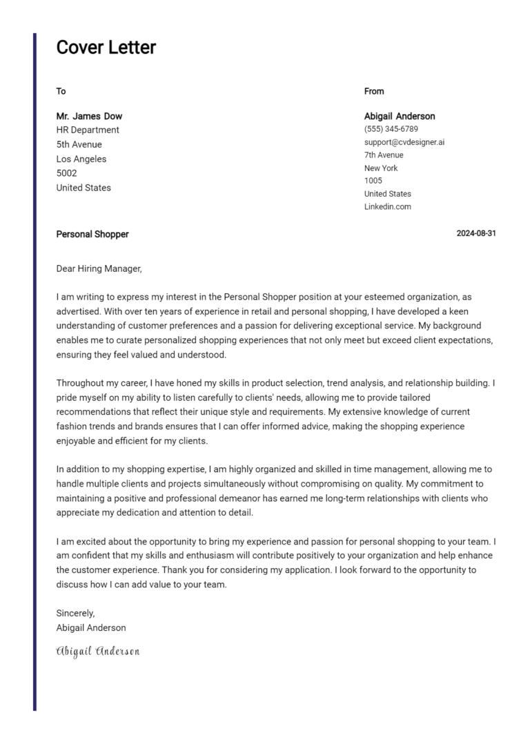 Personal Shopper Cover Letter Example for 2025: Tips & Templates