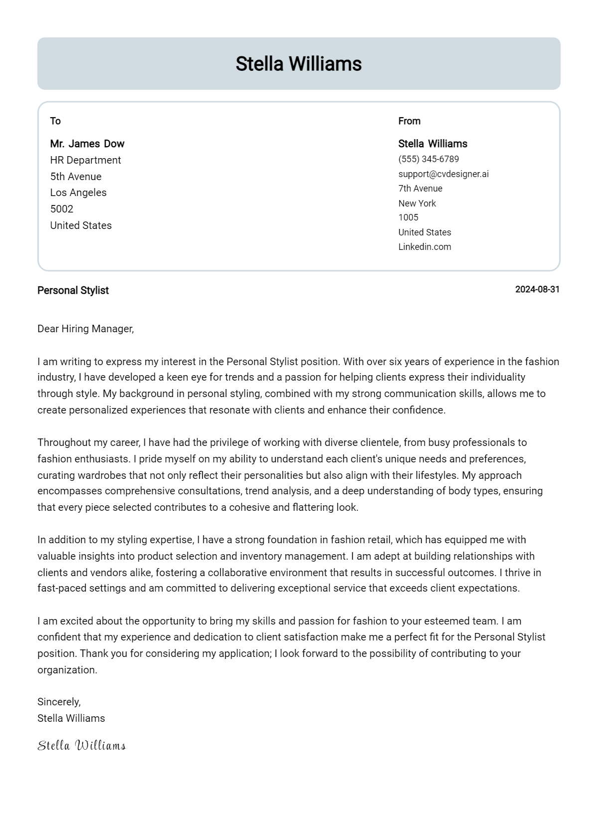 personal stylist cover letter example