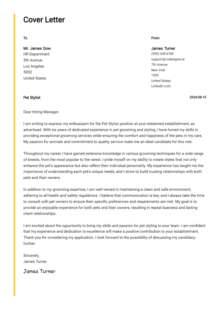Pet Stylist Cover Letter Example for 2025 (Free Templates)
