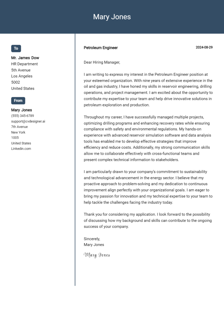 Petroleum Engineer Cover Letter Example for 2025: Top CV Skills 1 Petroleum Engineer Cover Letter Example for 2025: Top CV Skills