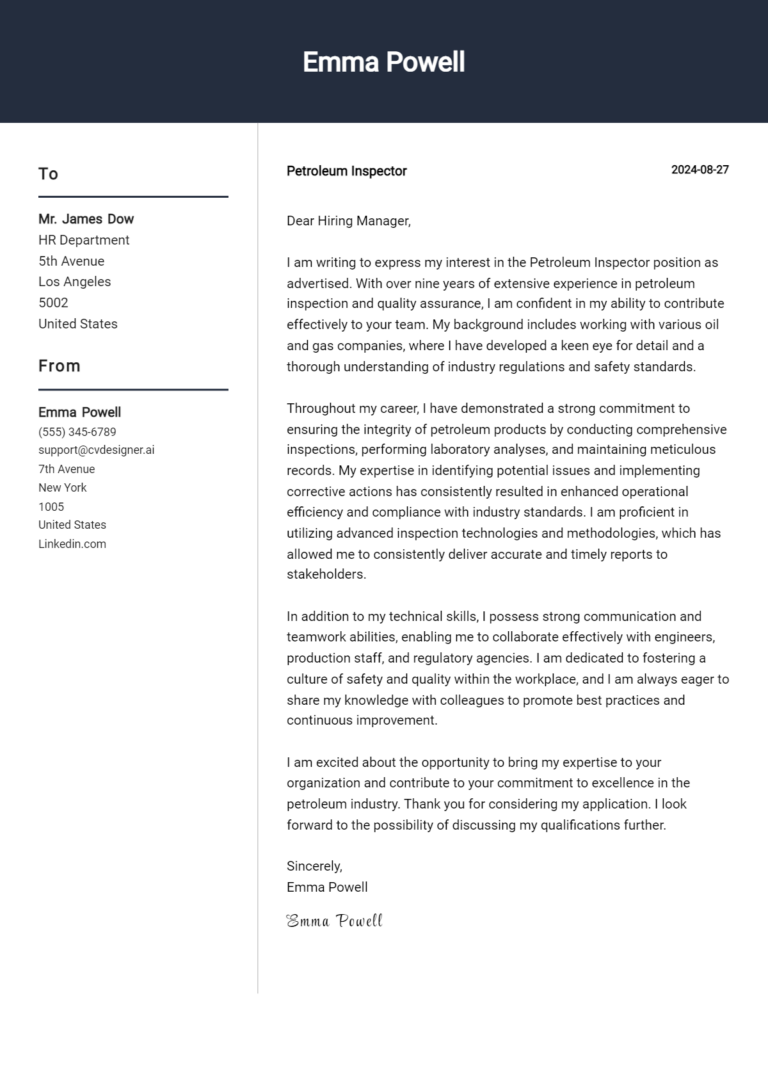 Petroleum Inspector Cover Letter Example for 2025 (Free Templates)