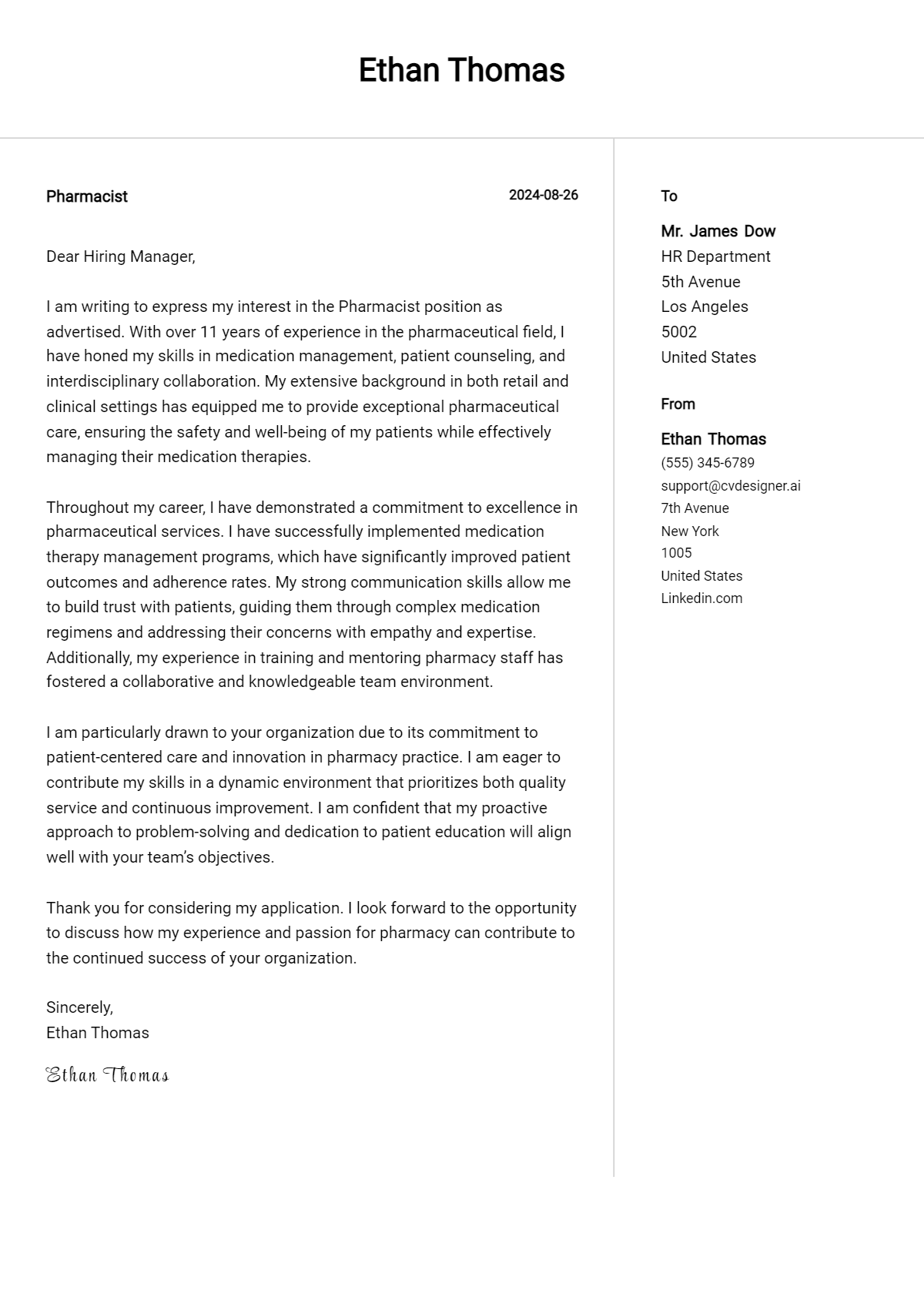 pharmacist cover letter example