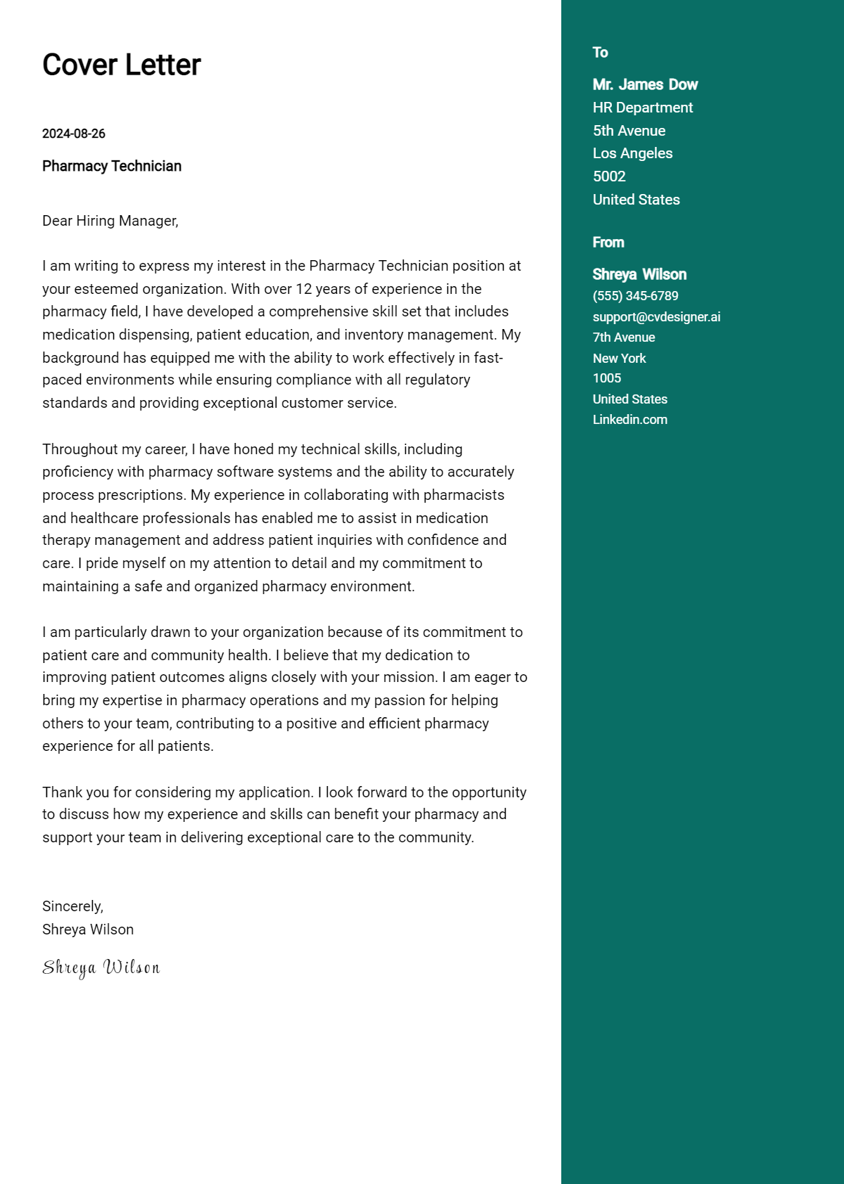 pharmacy technician cover letter example