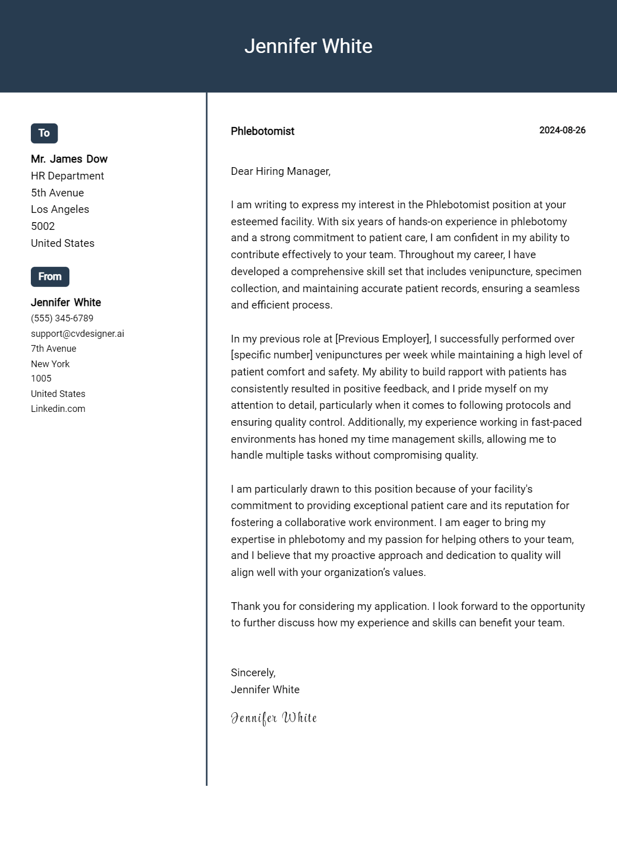 phlebotomist cover letter example
