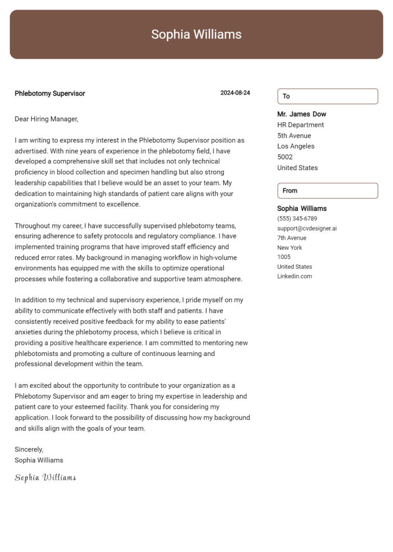 Phlebotomy Supervisor Cover Letter Example for 2025: Top CV Skills