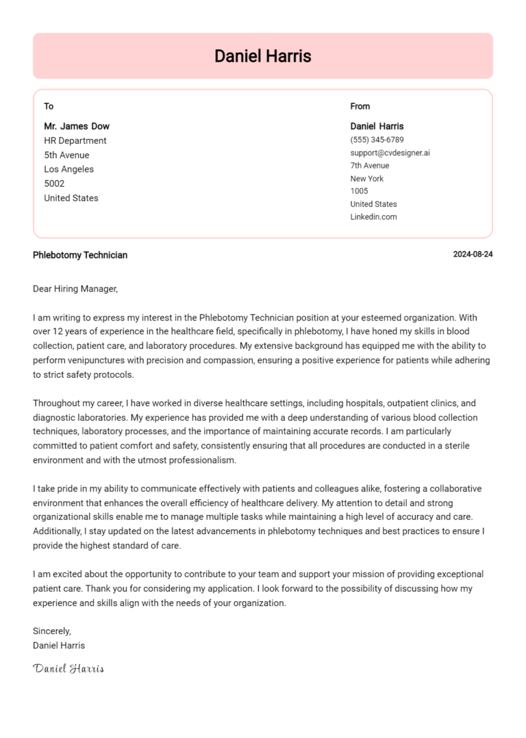 Phlebotomy Technician Cover Letter Example for 2025: Free Templates