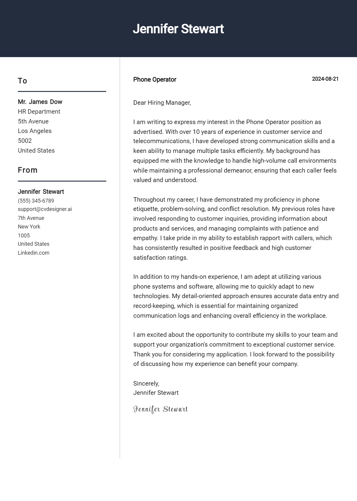 phone operator cover letter example