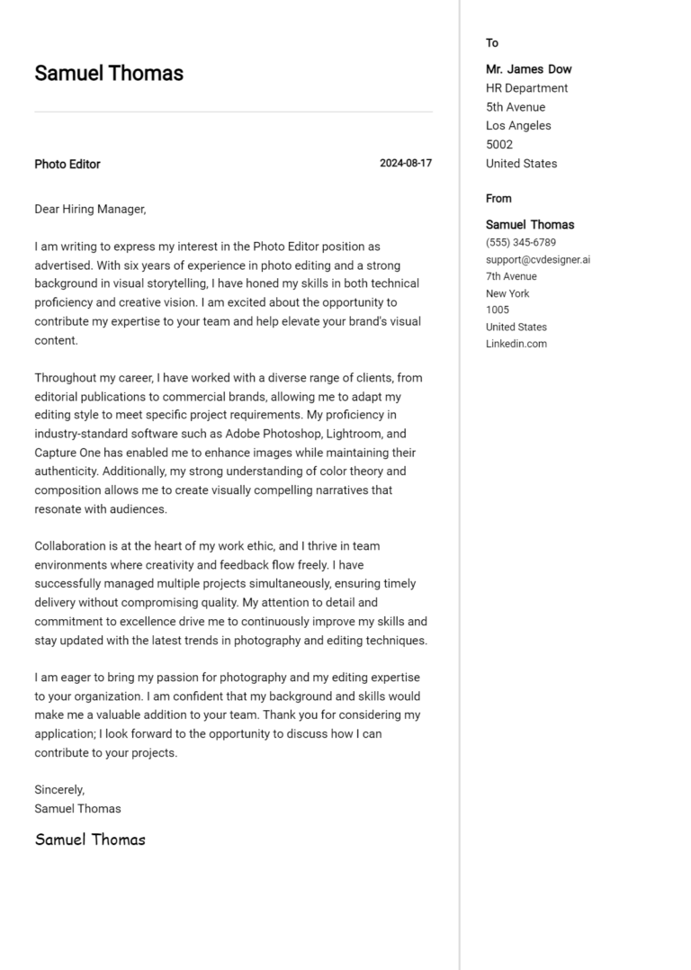 Photo Editor Cover Letter Example for 2025: Free Templates