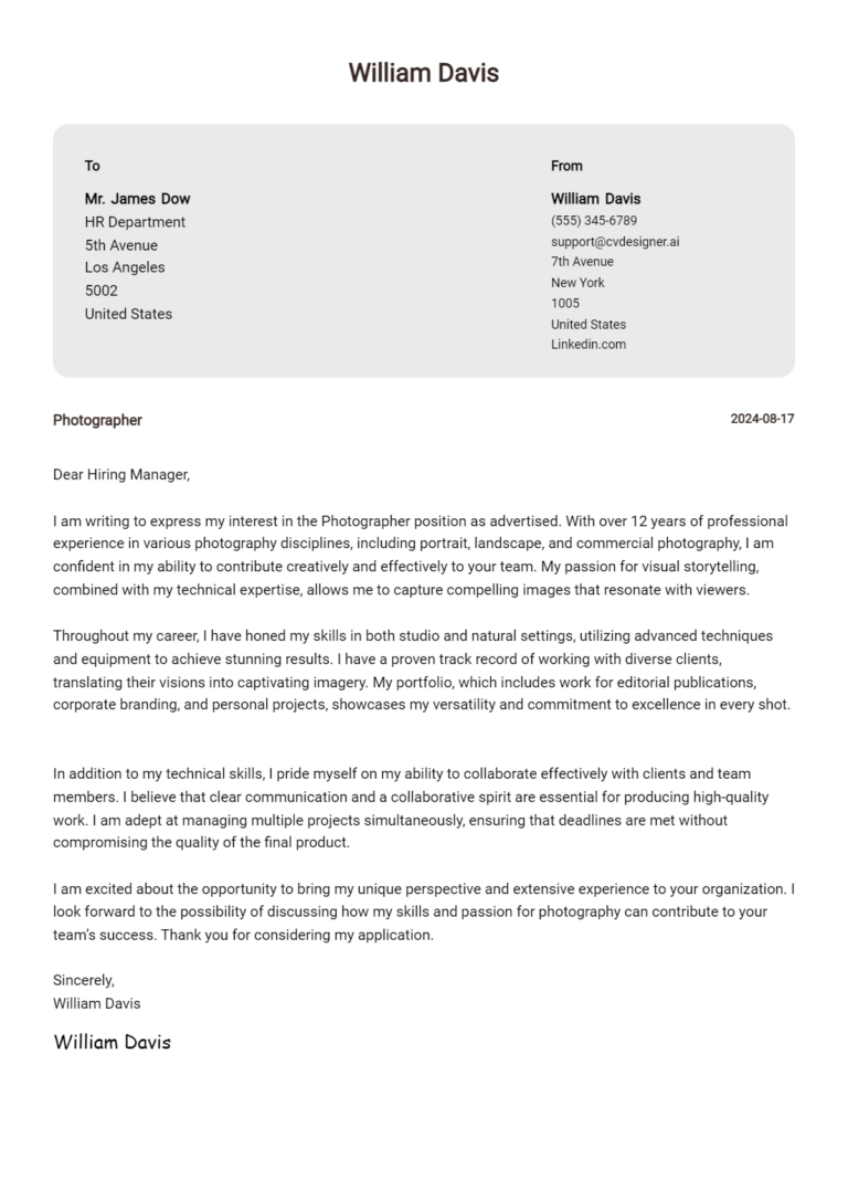Photographer Cover Letter Example for 2025: Top CV Skills 1 Photographer Cover Letter Example for 2025: Top CV Skills