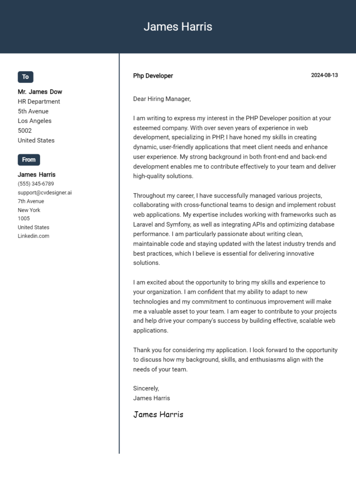 Php Developer Cover Letter Example For 2024 Expert Tips And Templates Cvdesigner Ai