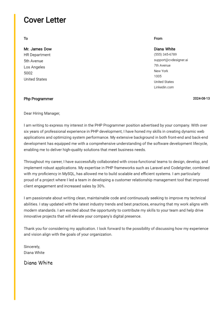 php programmer cover letter example