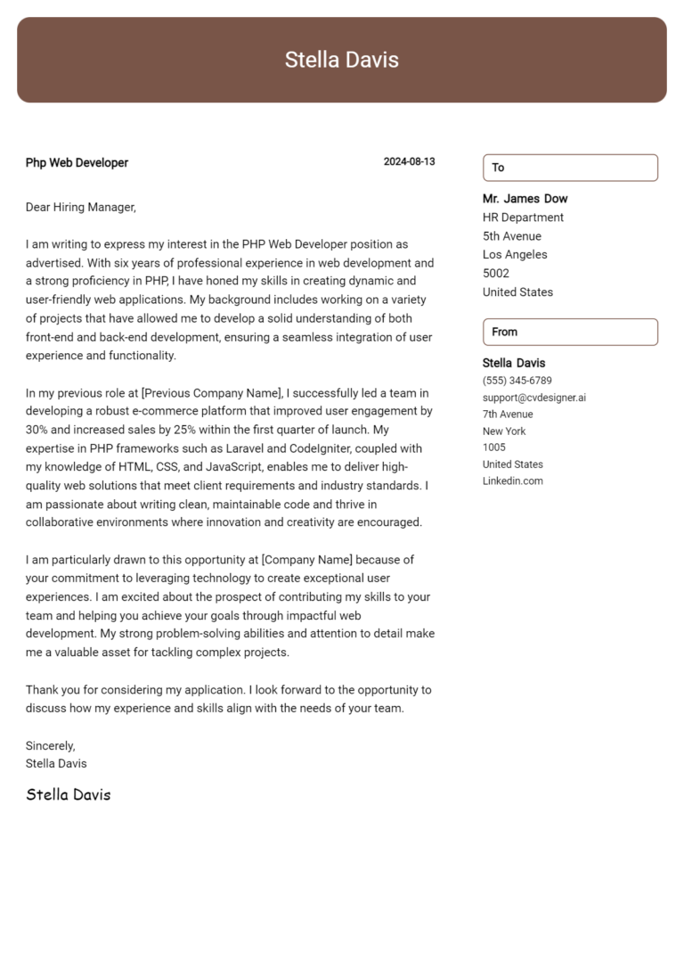 Php Web Developer Cover Letter Example for 2025: Tips & Templates