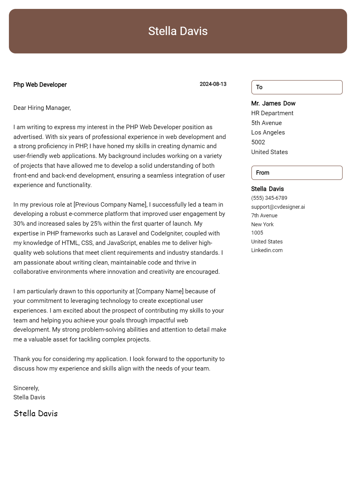 php web developer cover letter example