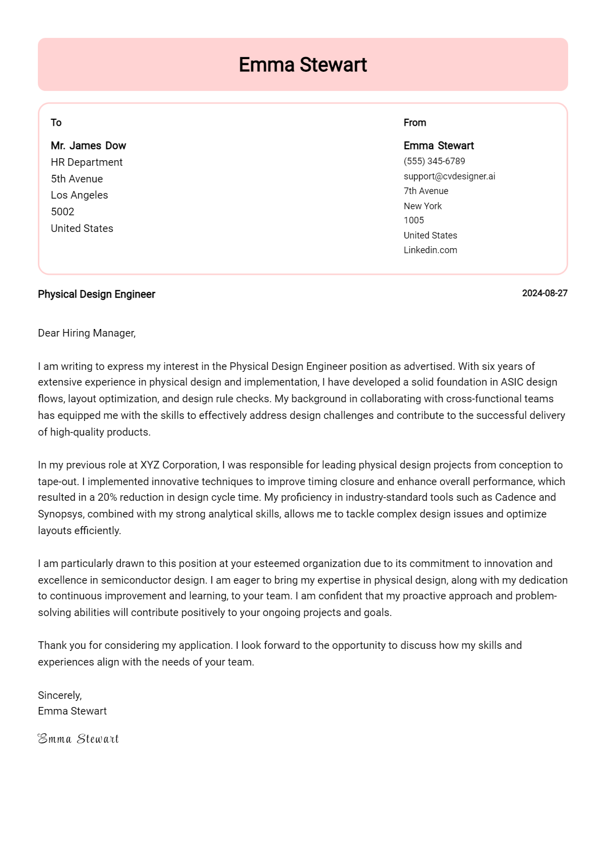 physical design engineer cover letter example