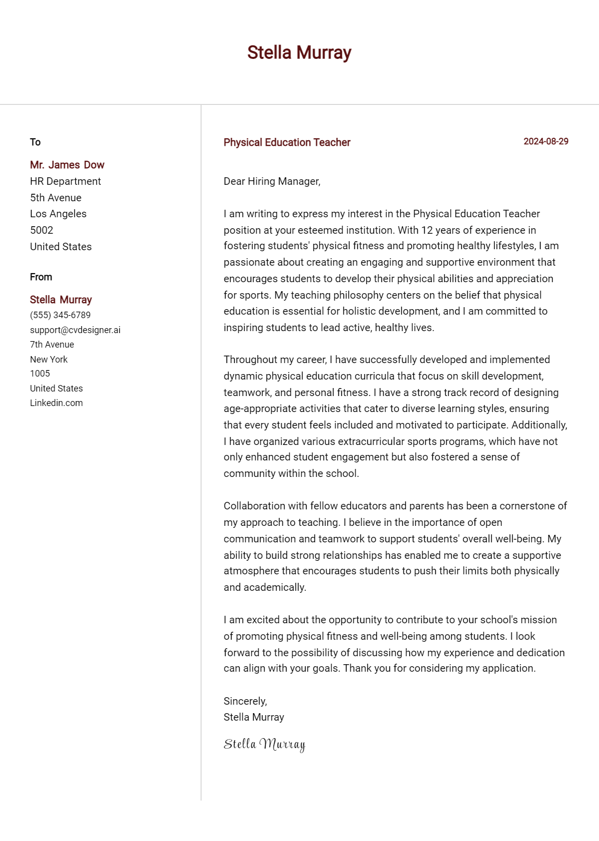 physical education teacher cover letter example