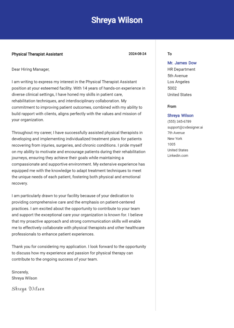 Physical Therapist Assistant Cover Letter Example for 2025 (Download Templates)