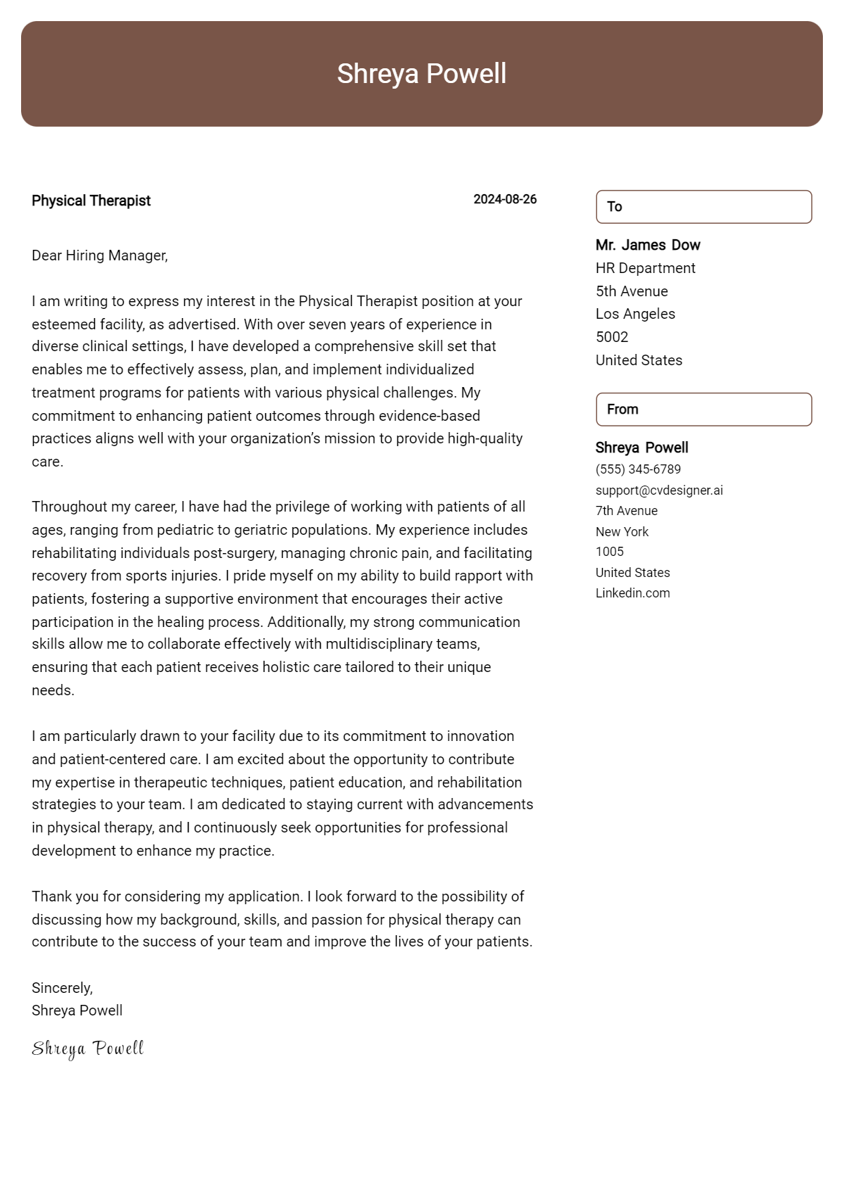 physical therapist cover letter example