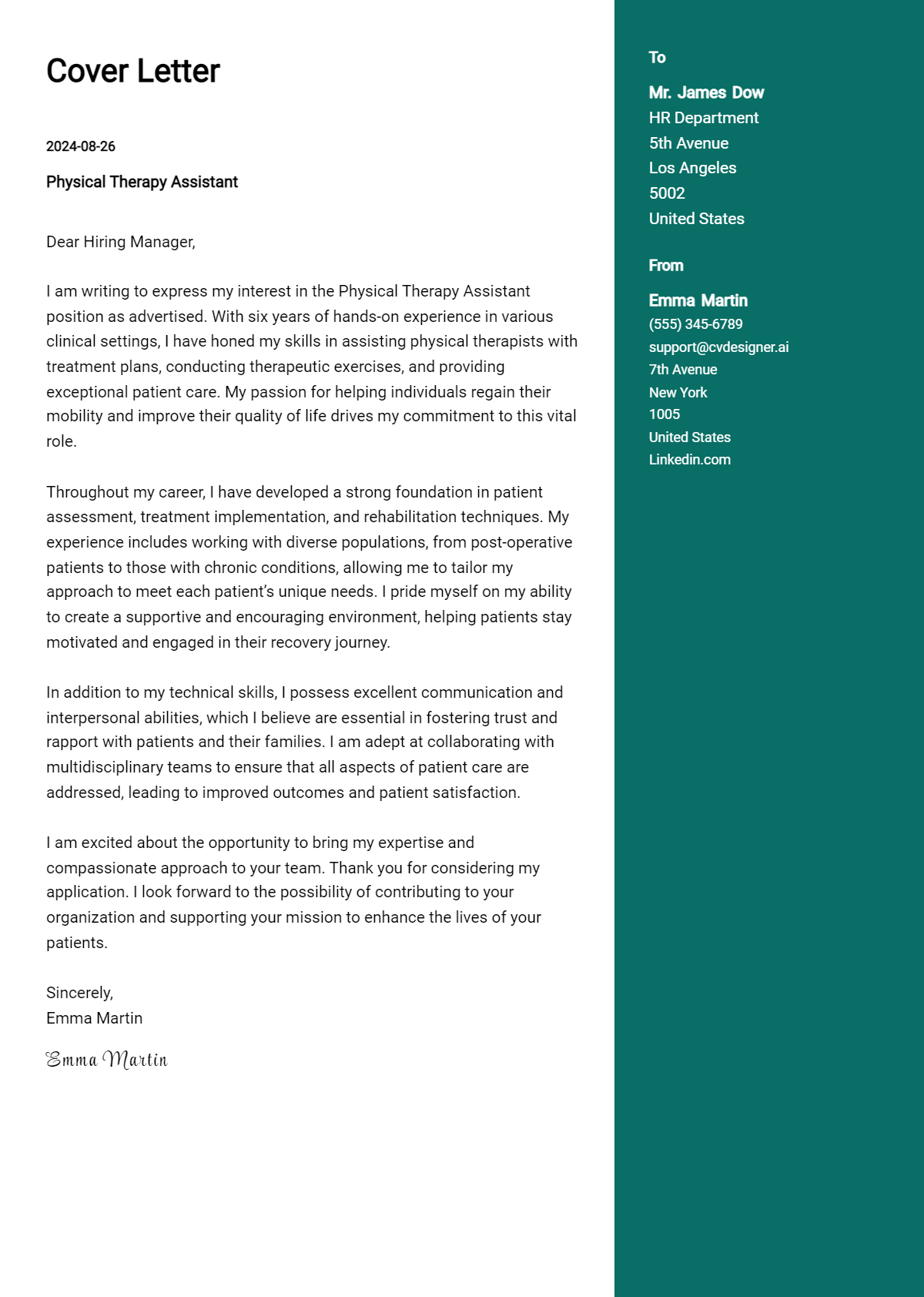 physical therapy assistant cover letter example