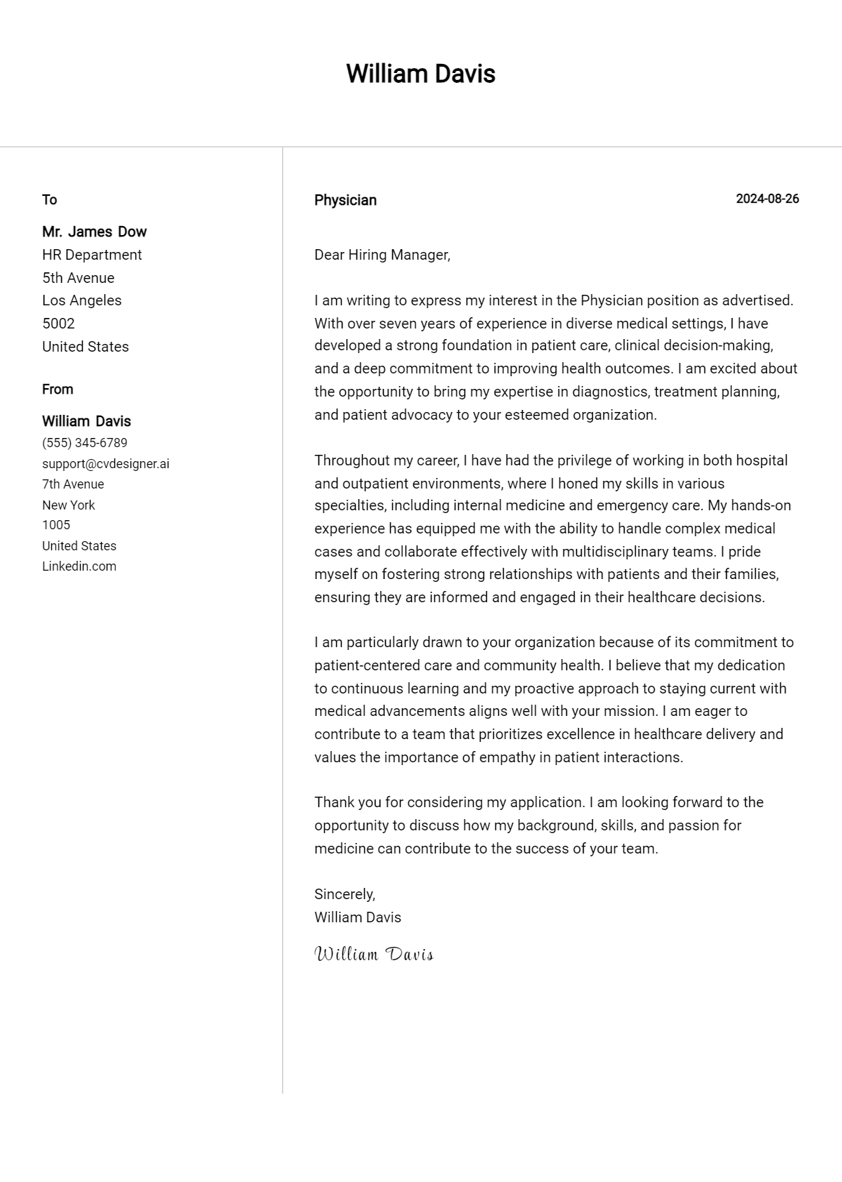 physician cover letter example