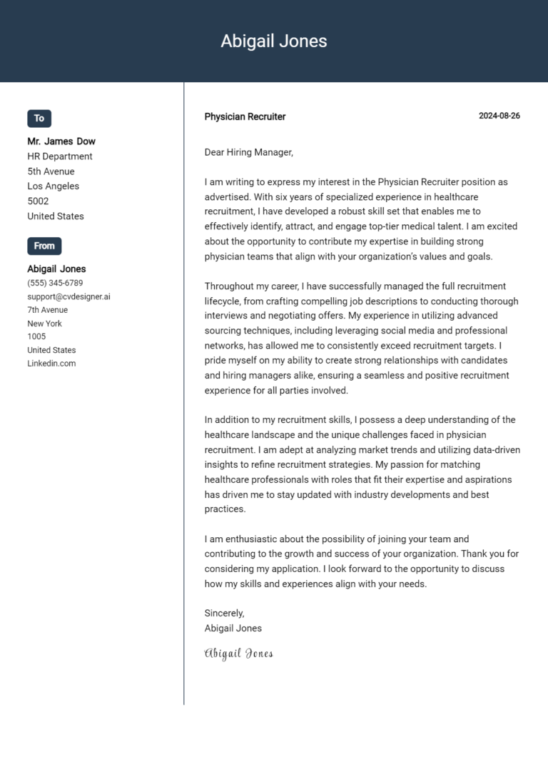 Physician Recruiter Cover Letter Example for 2025 (Complete Writing Guide)