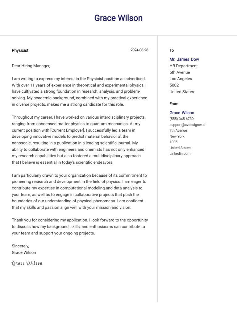 Physicist Cover Letter Examples & Samples for 2025