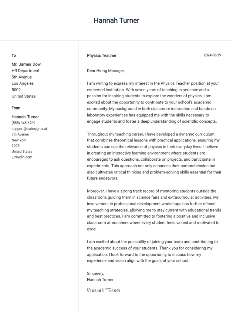 Physics Teacher Cover Letter Example for 2025 (Complete Writing Guide) 1 Physics Teacher Cover Letter Example for 2025 (Complete Writing Guide)