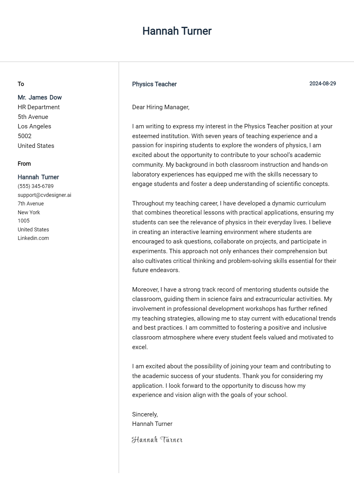 physics teacher cover letter example