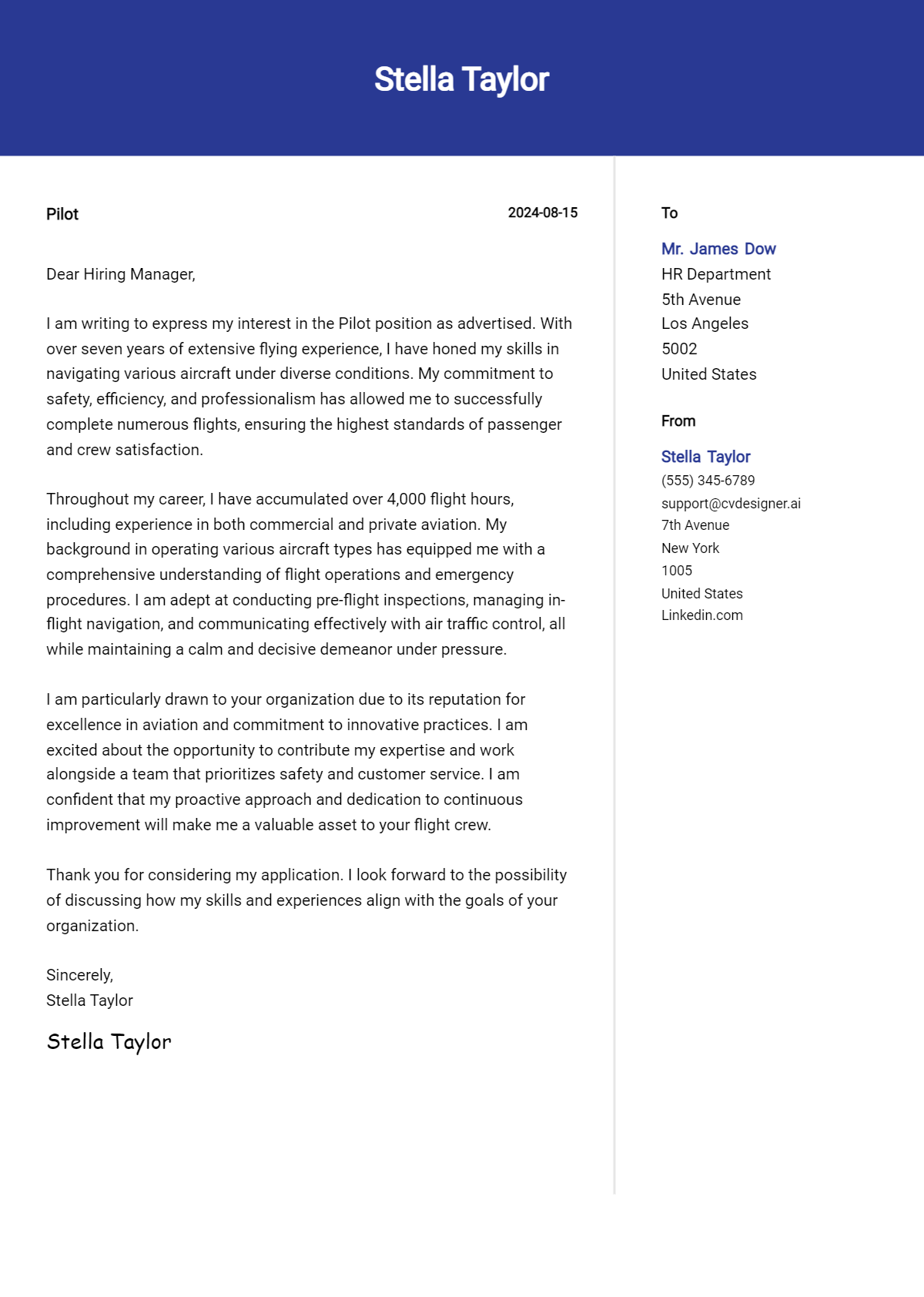 pilot cover letter example