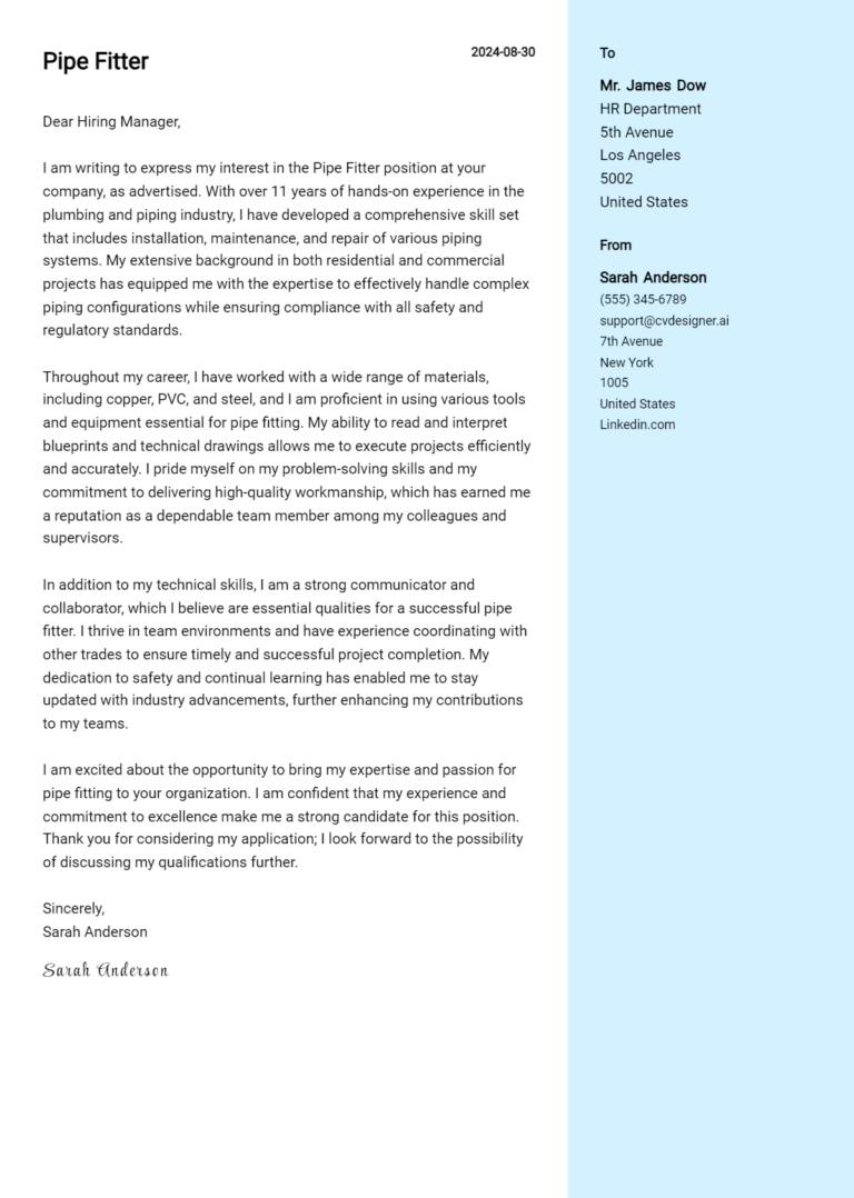 Pipe Fitter Cover Letter Examples & Samples for 2025
