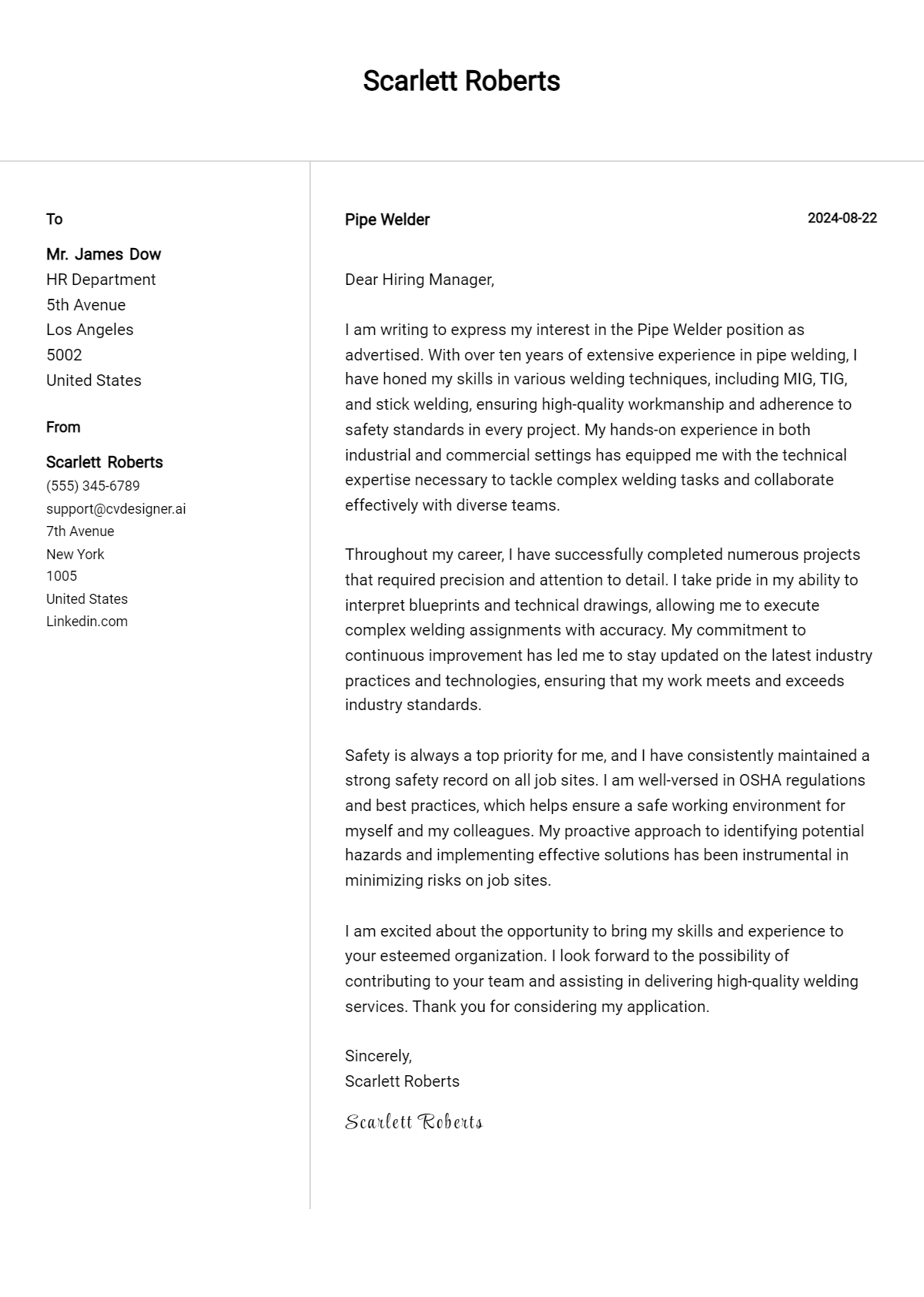 pipe welder cover letter example