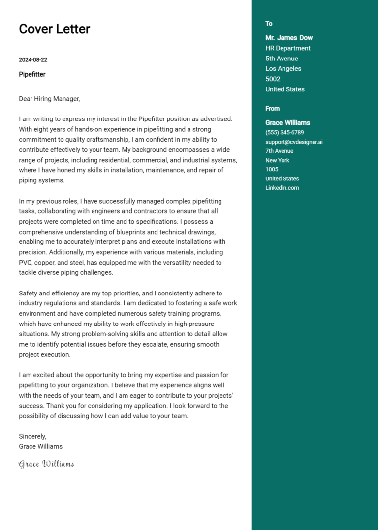 Pipefitter Cover Letter Example for 2025 (Writing Guide)